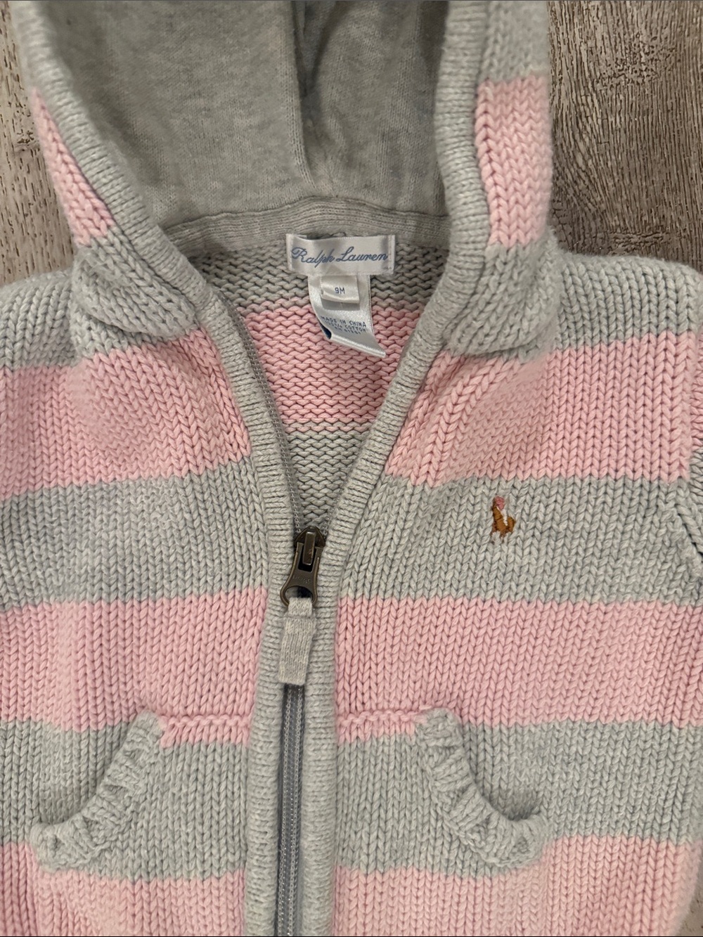 Ralph Lauren Pink & Gray Striped Hooded Zip Knit Sweater - Kids - Picture 3 of 5
